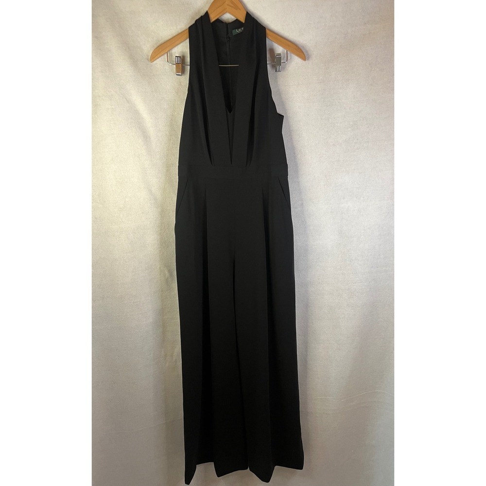 Lauren Ralph Lauren black sleeveless jumpsuit Sz 2 deep v-neckline flowing pants - Picture 2 of 8